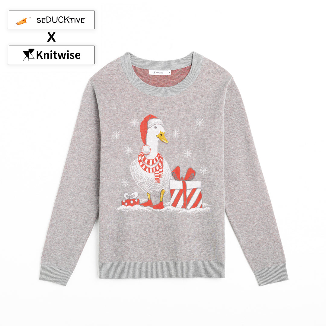 Front of Grey Duck the Halls Sweater from Knitwise