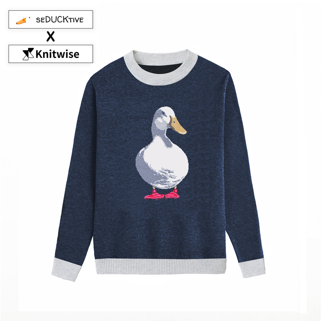 Front of Blue Fowl Play Sweater from Knitwise