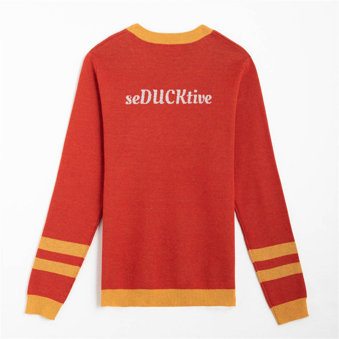 {Back of Wrinkle the Golden Duck Sweater from Knitwise}