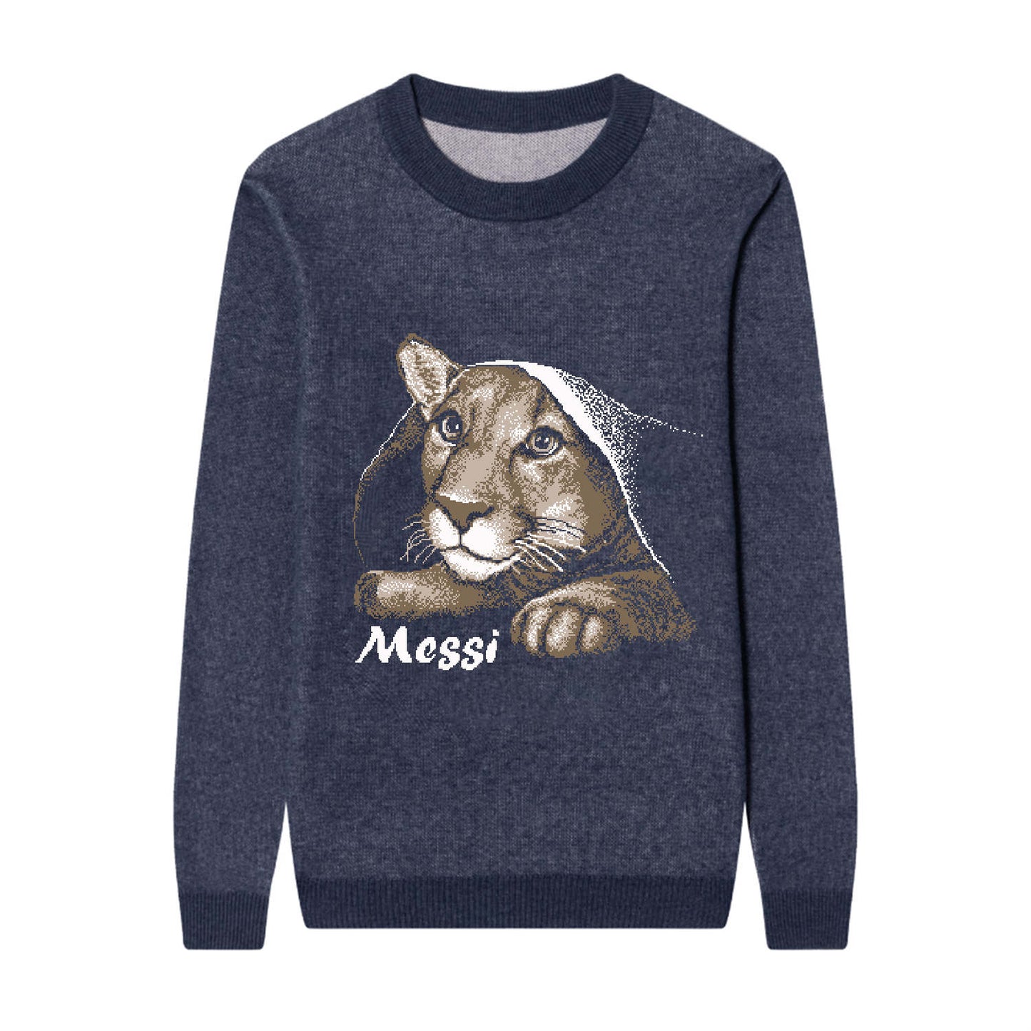 {Front of Navy Playful Messi Sweater from Knitwise}