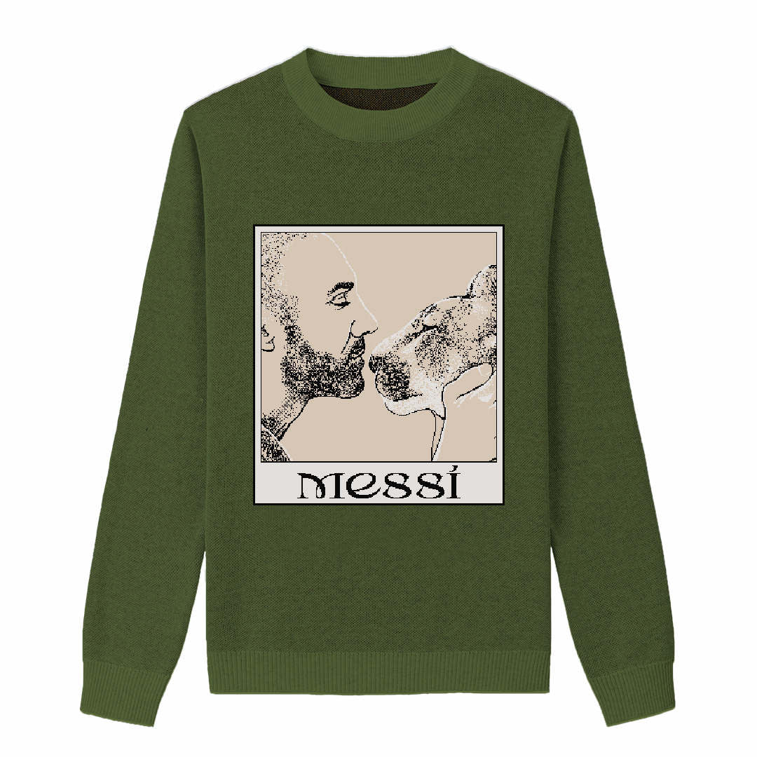 {Front} of {Olive Dad and Messi Sweater} from {Knitwise}