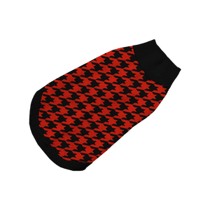 Black pet sweater with red houndstooth pattern, sleek and bold