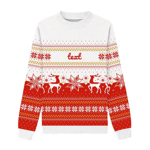 White and red Christmas sweater with yellow accents, featuring reindeer and snowflake patterns.