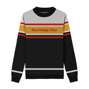 Black sweater with yellow chest stripes and white/red accents for a sporty look.