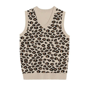 Cream leopard knit vest with black and orange spots for bold fashion