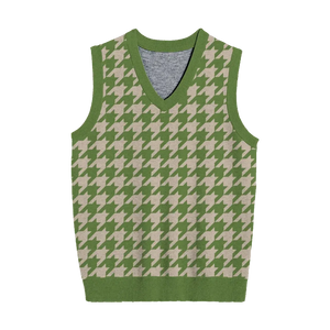 Unisex green knit vest with cream houndstooth pattern, modern layered style