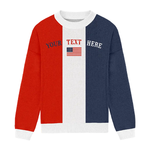 Relaxed-fit sweater with red, white, and navy stripes and flag icon