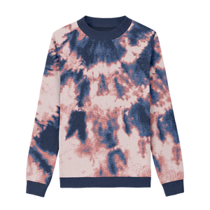 Tie dye sweater blending white, navy, and brown-orange for an earthy style.