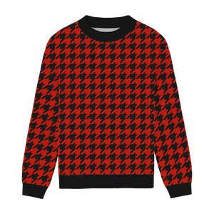 Black relaxed-fit sweater with red houndstooth pattern, bold and stylish