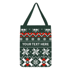 Dark green Christmas tote bag with white snowflakes and red ribbons, customizable for festive style