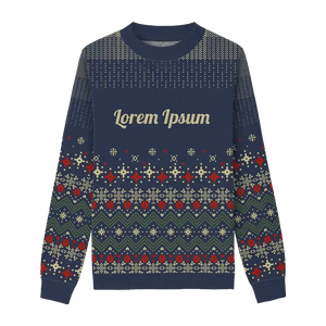 Starlit Midnight Snow Sweater. This stylish Christmas sweater features a navy base and a striped pattern.