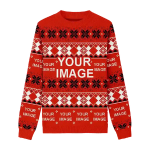 Red sweater with snowflakes and ribbon patterns, perfect for holiday parties.