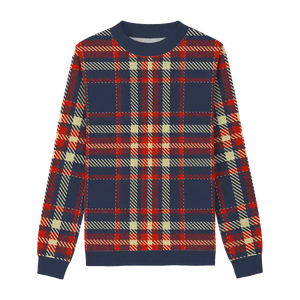 Starry Night Checkered Sweater – This classic plaid sweater features a navy base with bright yellow and red patterns. 