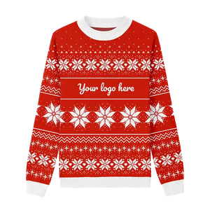 Red Christmas sweater with white snowflakes, ribbons, and Christmas trees.
