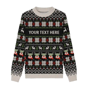 Black Christmas sweater with snowflakes and reindeer wearing scarves, customizable