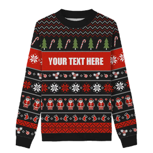 Santa Snowflakes Holiday Sweater - This unique black sweater is decorated with classic Christmas elements.