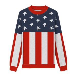 American flag-inspired sweater blending iconic flag elements with a modern design.