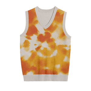 Yellow, orange, and white tie dye knit vest inspired by sunset tones