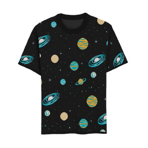 Black t-shirt with colorful planet pattern, playful and cosmic