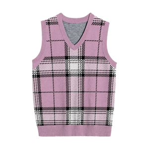 Pink plaid knit vest with black and white lines for cute casual wear