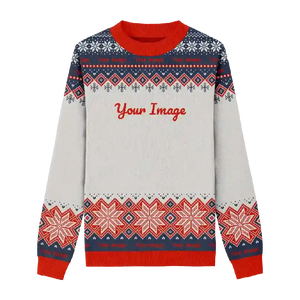 White sweater with red and navy snowflake patterns, customizable for festive wear.