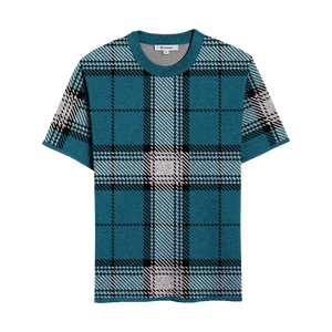 Blue t-shirt with navy and white plaid pattern, fresh and modern