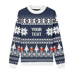 Navy Christmas sweater with white snowflakes, Santa figures, and Christmas trees, customizable