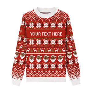 Red Christmas sweater with snowflakes, Santa heads, reindeer, and holiday patterns, customizable