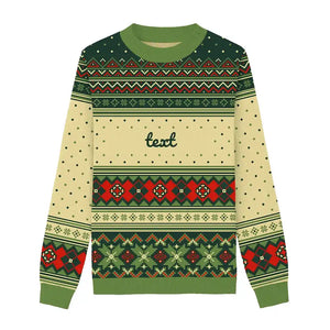 Green, olive, and yellow sweater with subtle snowflake patterns for a unique holiday style.
