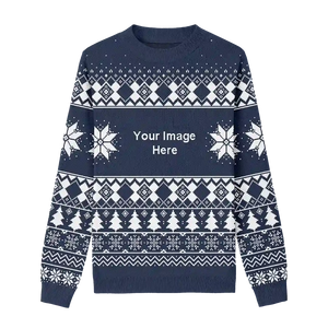 Navy Christmas sweater with white snowflakes and ribbon stripe patterns.