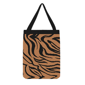 Tiger-print tote bag in black and burnt orange, bold and fierce style