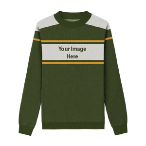 Olive sweater with white chest stripes, yellow accents, and shoulder details.