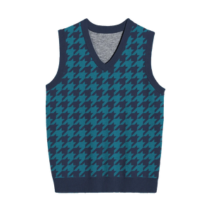 Modern navy knit vest with bright blue houndstooth design for bold style