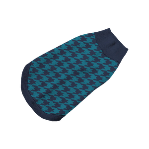 Navy pet sweater with bright blue houndstooth pattern, modern and bold
