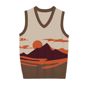 Earth-tone desert mountain knit vest in cream, orange, and green