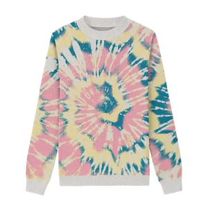 Tie dye sweater with white, pink, yellow, and blue for a cheerful burst of color.