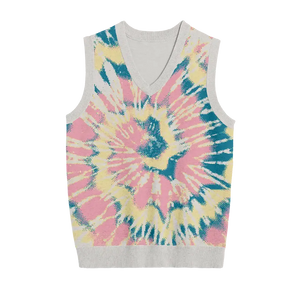 Pastel pink, yellow, and blue tie dye knit vest for cheerful style
