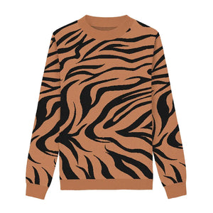Orange and black tiger-striped sweater for a bold jungle-inspired style.
