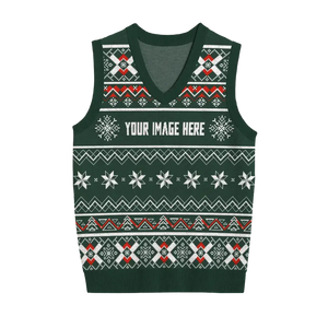 Olive green Christmas vest with white snowflakes and ribbon designs