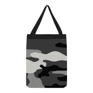 Monochrome camouflage tote bag in black, grey, and white, sleek and urban