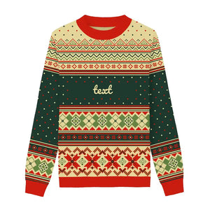 Green and olive sweater with red ribbon accents and snowflake motifs for a festive twist.