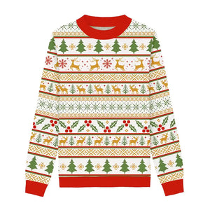 White sweater with colorful icons like reindeer, Christmas trees, and festive accents.