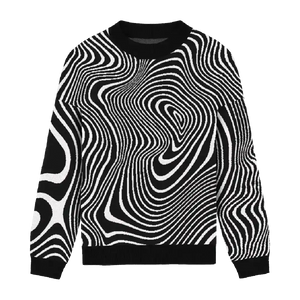 Black and white abstract swirl relaxed-fit sweater, artistic and cozy
