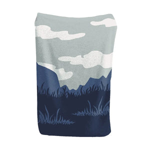 Scenic mountain forest blanket in grey, navy, blue, and white