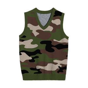 Olive green camo knit vest with cream, black, and brown outdoor style