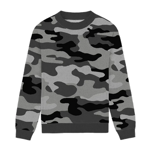 Black, grey, and white camouflage relaxed-fit sweater, sleek and modern