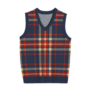 Navy plaid knit vest with bold yellow and red for classic style