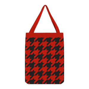 Bold red tote bag with black houndstooth pattern, striking and stylish
