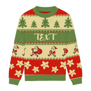Green, yellow, and red Christmas sweater with Santa, trees, and stars, customizable