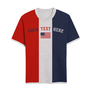Sporty t-shirt with red, white, and navy stripes and flag icon